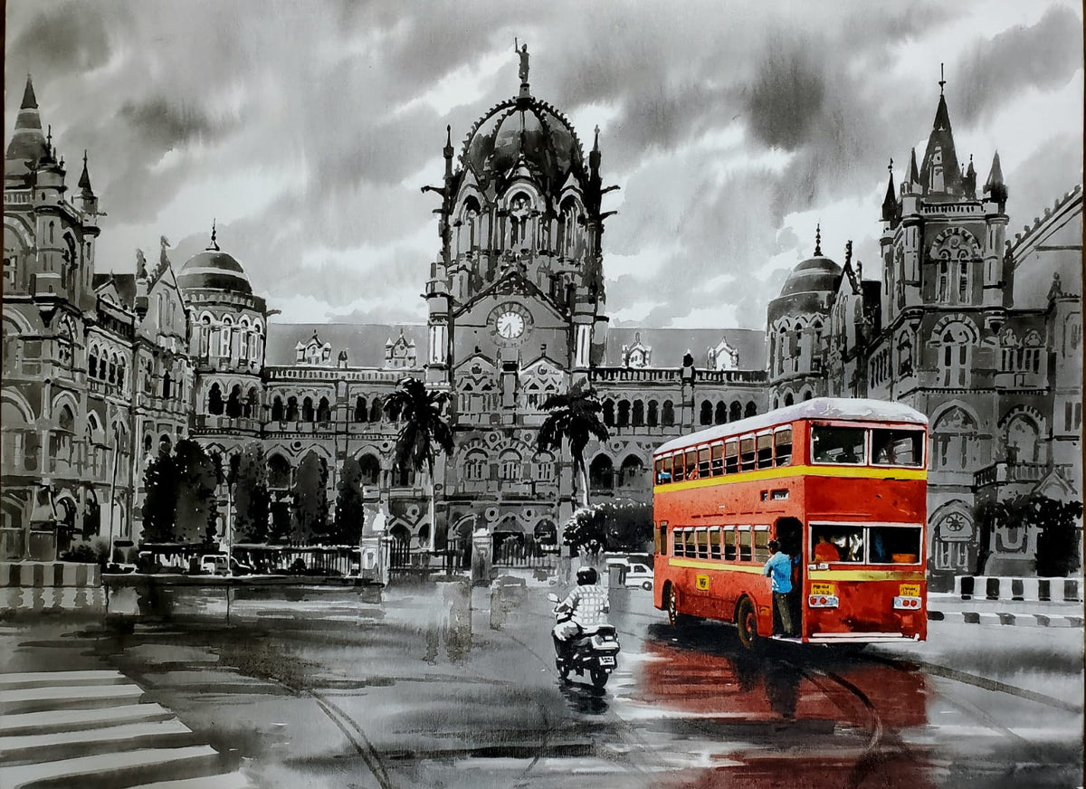 Arpan Bhowmik creates a stunning cityscape bringing alive a city in monochrome hues as a double decker adds a pop of color and becomes symbolic of city hustle culture.