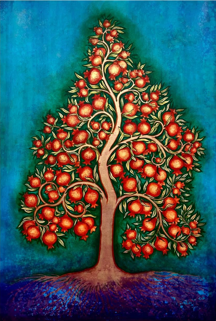 Artist Arpitha does an interesting composition of a blossoming pomegranate  (anar) tree against a soothing Blue and Purple backdrop.