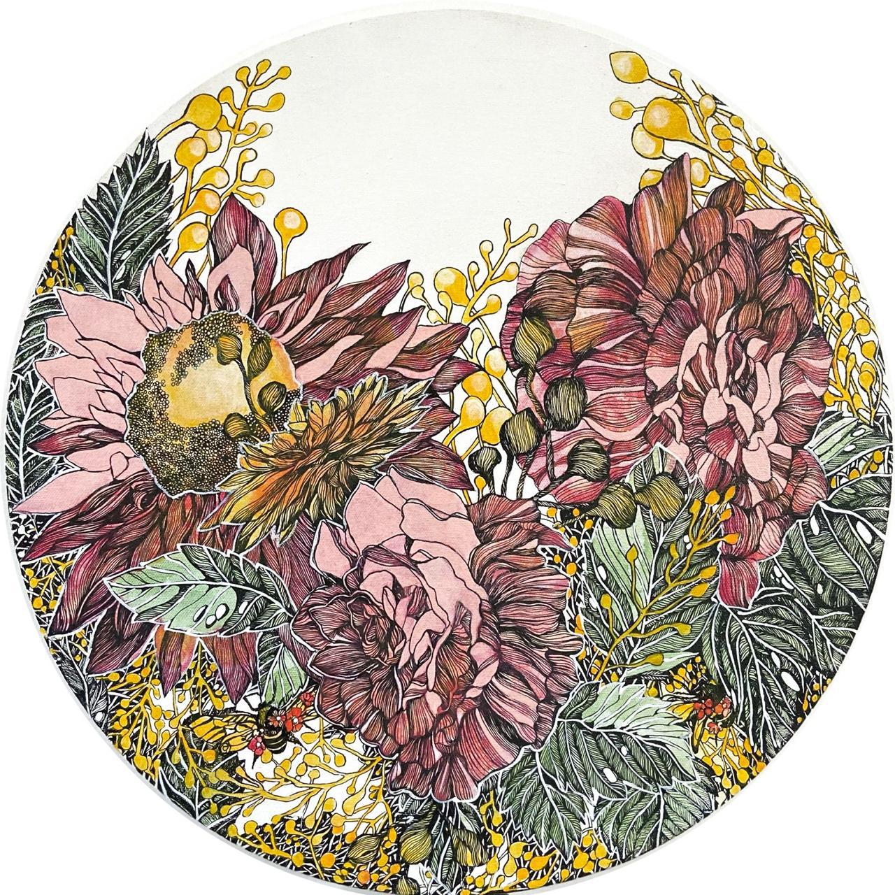 Ritu Kamath floral canvas art with pink roses and red peonies and other mixed flowers placed in detailed floral art with monochrome detailing.