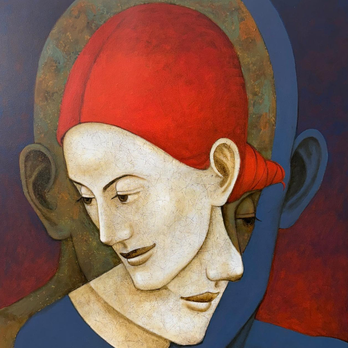 Figurative painting: Red-haired woman in center and two faded male figures in the background.