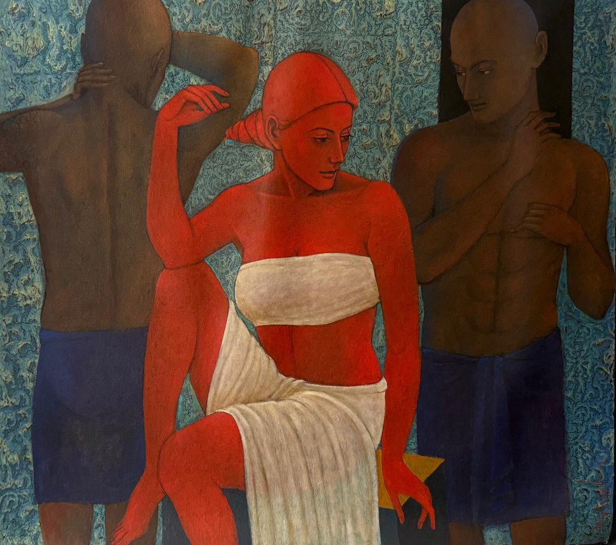 Figurative paintimng featuring a string women painted in red seated with grace admist two males. 
