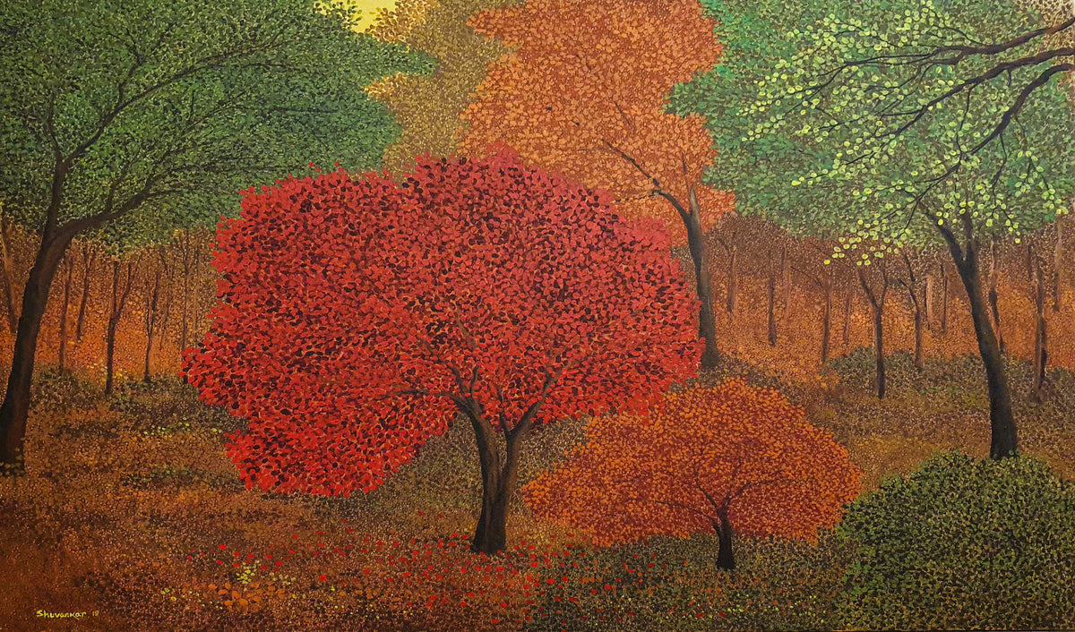 Autumn forest landscape canvas painting with red and auburn trees by Shuvankar Maitra. 
