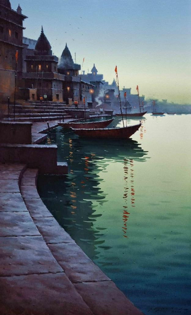 A vertical acrylic art print depicting a serene Ganges riverbank scene at dusk, with temple buildings, boats, and reflections in the water.