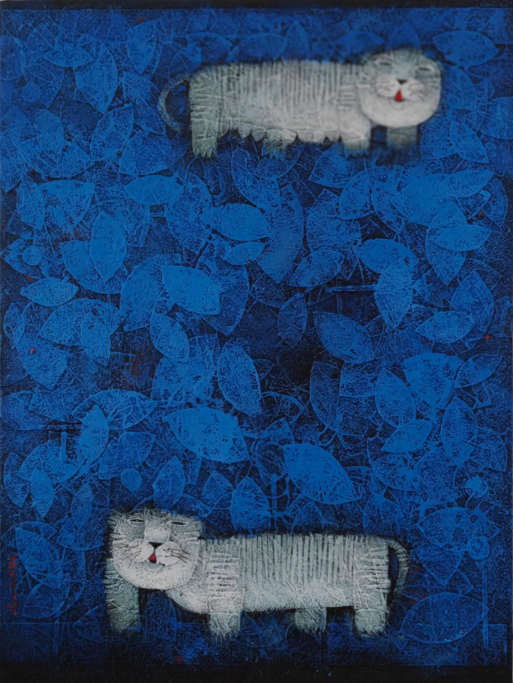 Basui Dasgupta figurative abstract art: two cats on azure textured canvas.
