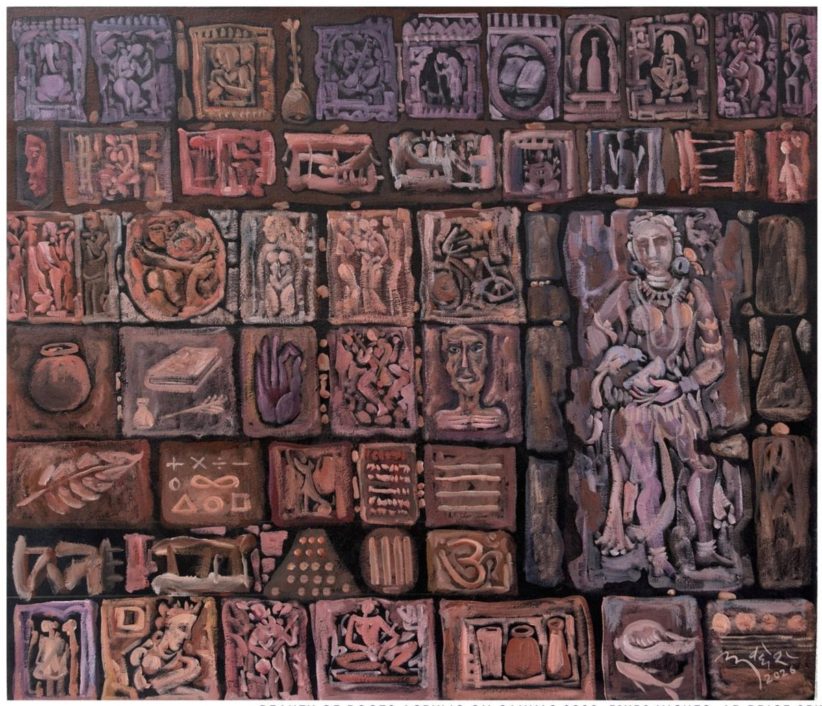 Conceptual painting about Indian roots with terracotta figures, temple sculptures, and ancient symbols by Awdhesh Bajpai.