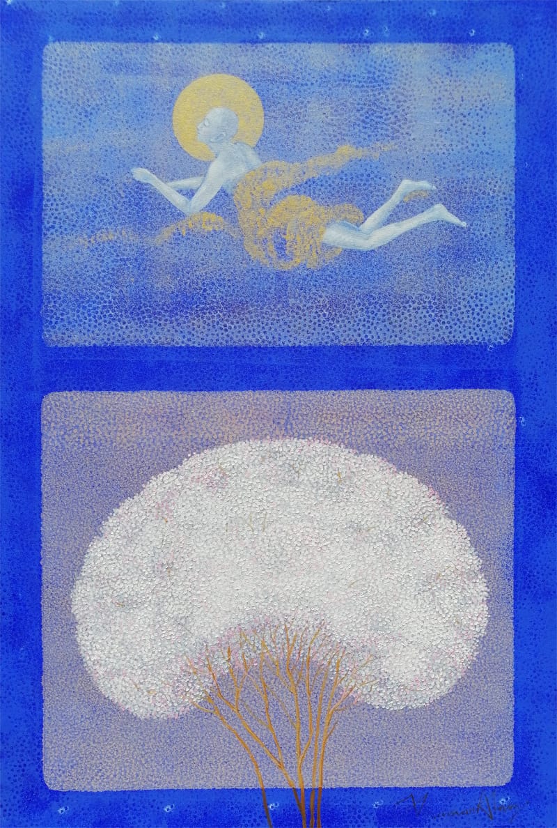 Artistic depiction of a figure with a halo and a tree against a blue background. Kamar Alam's meditative art where floating figures embody human consciousness. These oil paintings symbolize thoughts drifting into the infinite, creating a profound, spiritual space for contemplation.