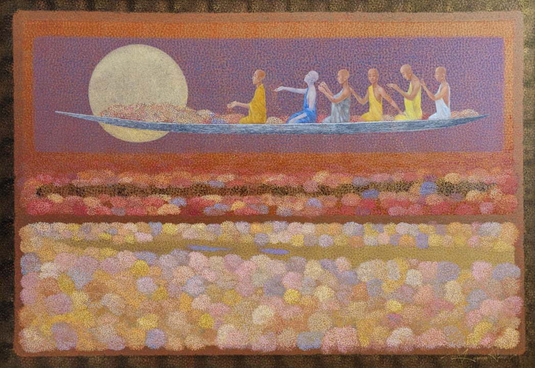 Kamar Alam horizontal pointillism painting of praying monks on a flower boat under a soft gold moon with orange and purple fields.