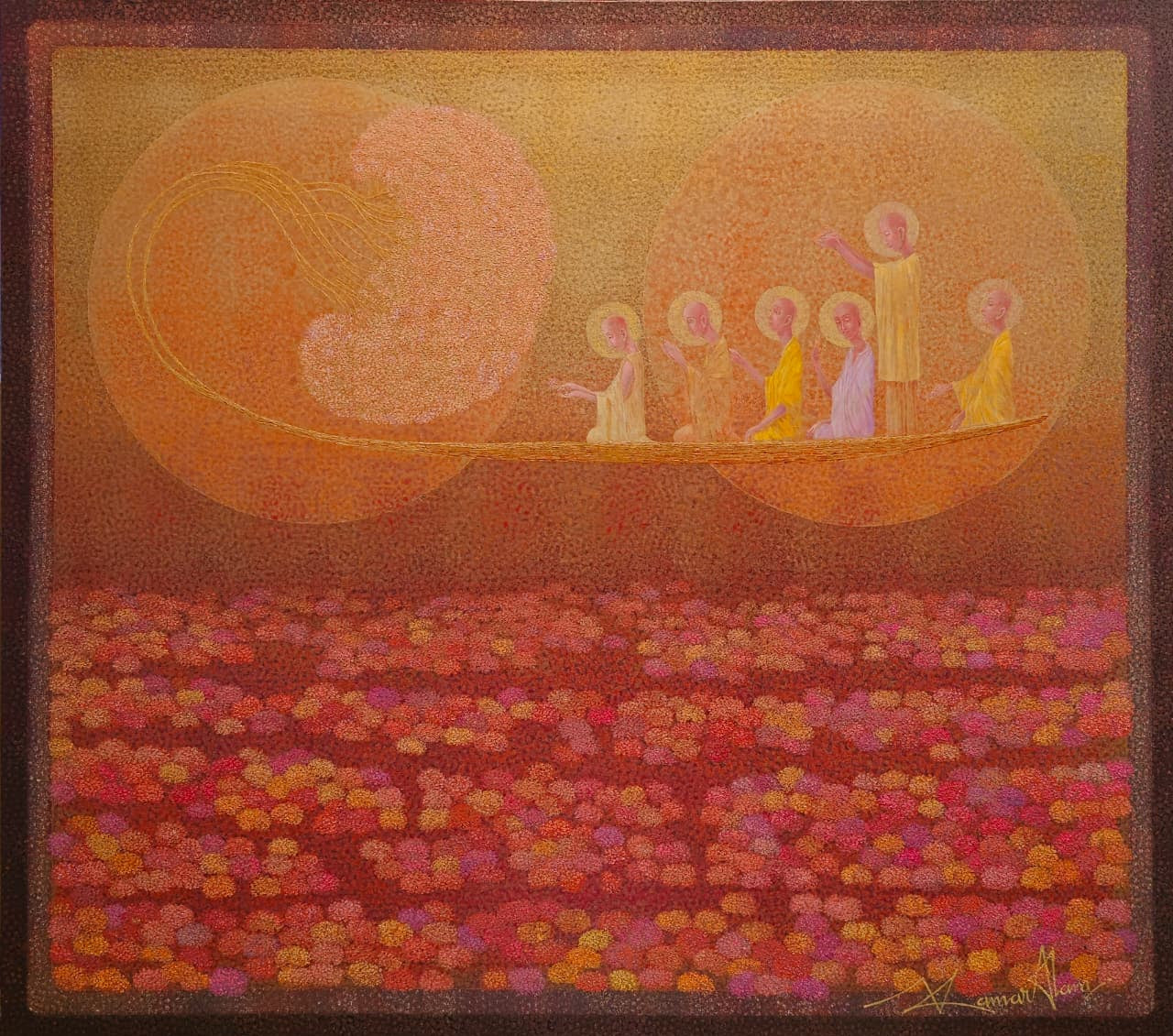 Kamar Alam horizontal pointillism painting of monks on a boat with blossoming tree.