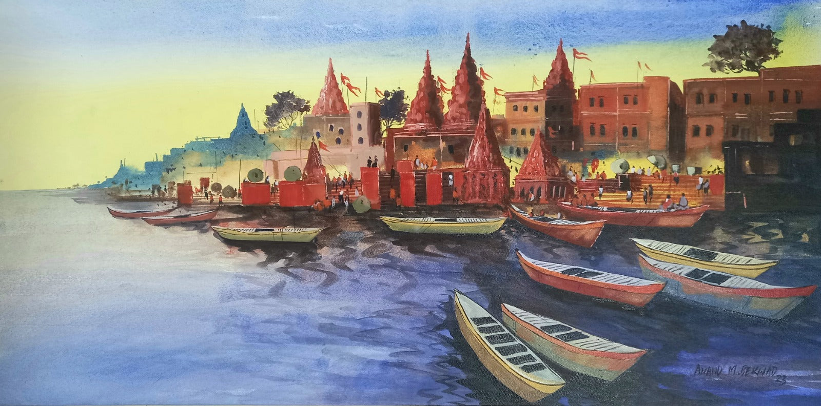 Benaras CItyscape captures the bustling ghats and temples by artist Anand Bekwad. 