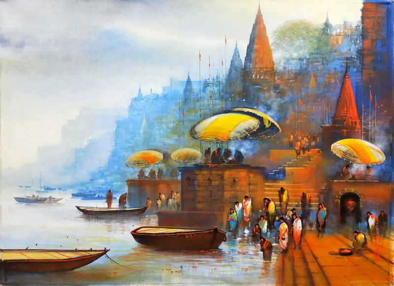 Painting of a Varanasi waterfront scene with boats, people, and temples by ghats.