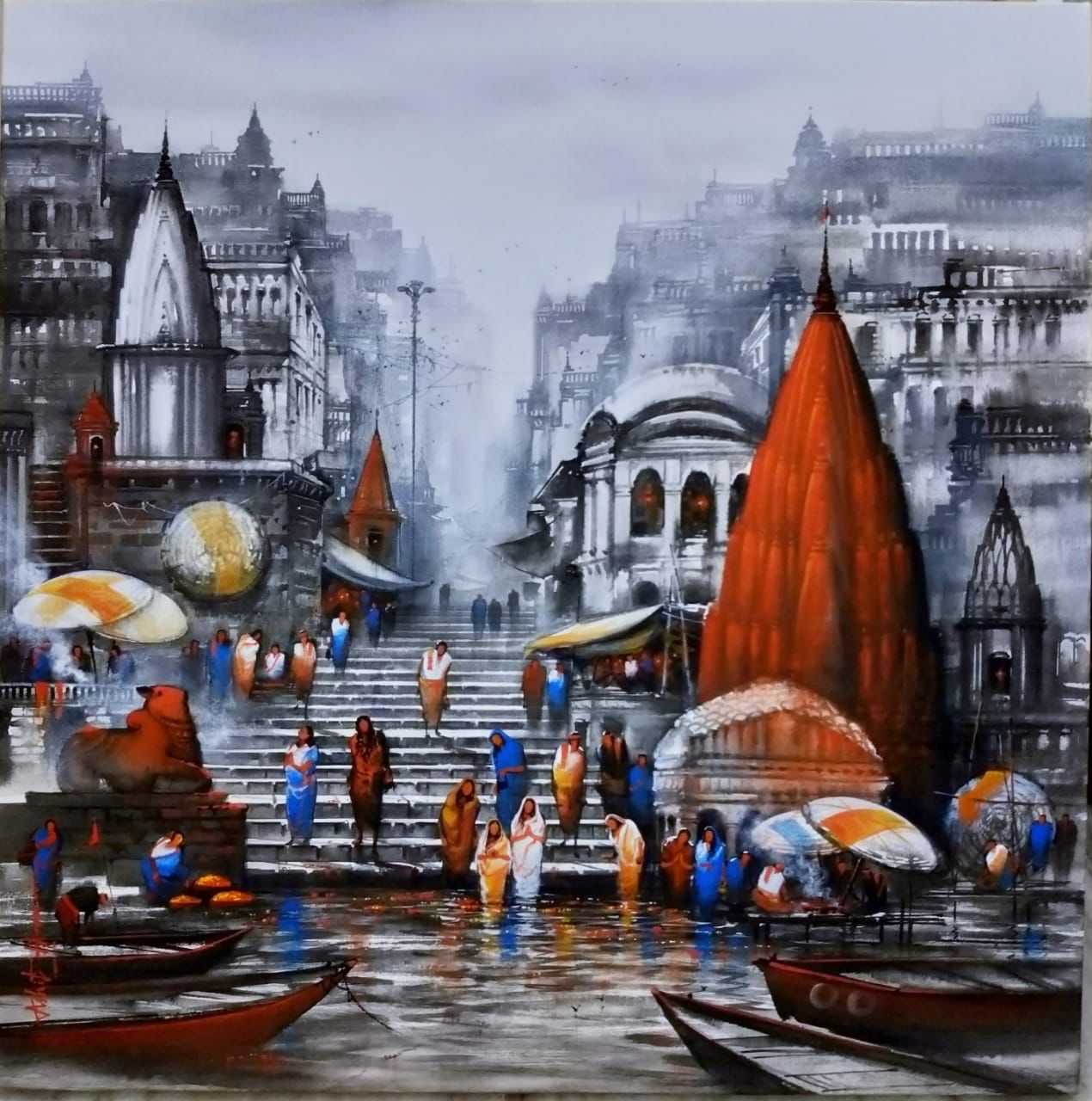 Benaras Ghats 7 by Ashif Hossain. Monochrome work featuring temples and grand old architecture of Benaras by ghats. The artist uses pops of  color to draw attention to temple roofs, boats and devotees.