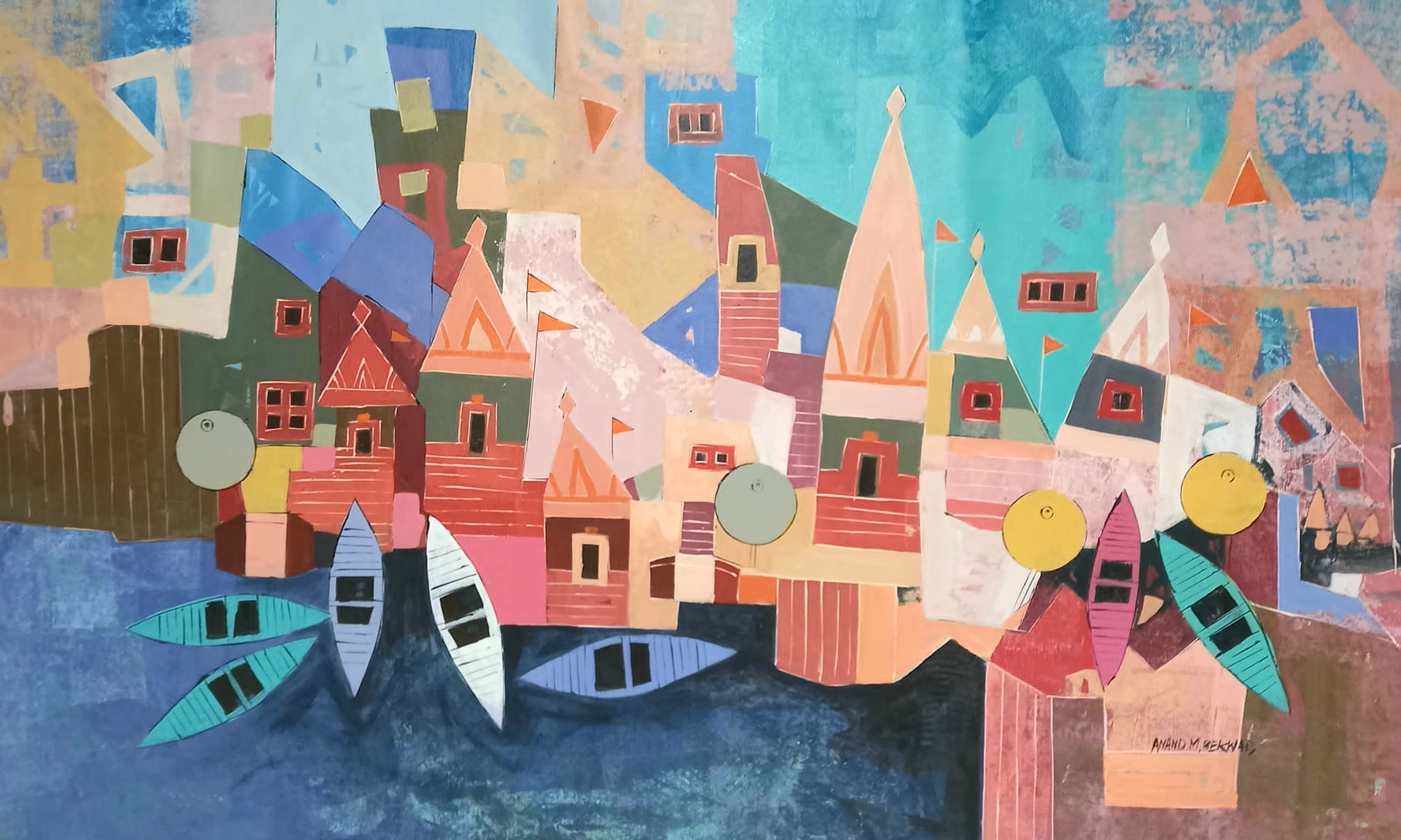 Colorful abstract painting of a cityscape with boats on a blue background. Vibrant Benaras cityscape paintings rooted in Indian heritage and spirituality.