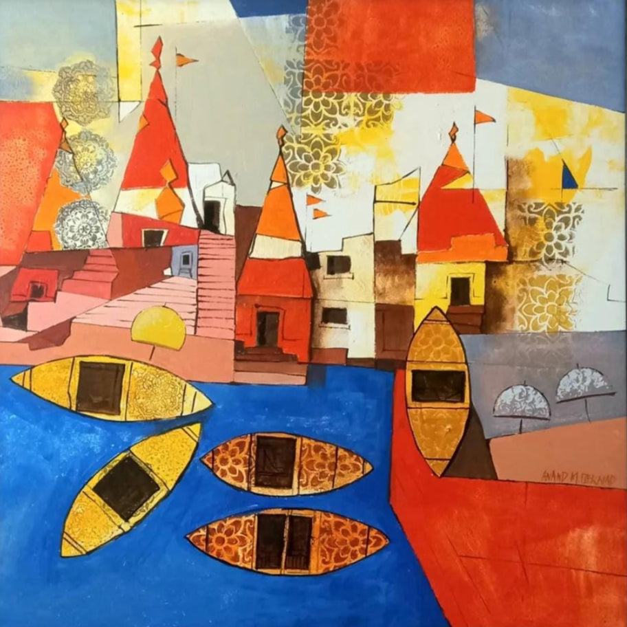 Painting masterfully portrays the architectural essence of Benaras along its iconic ghats. Use of cubism and abstract style.