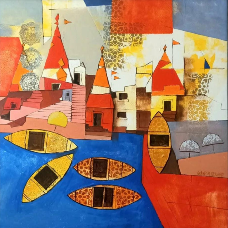 Painting masterfully portrays the architectural essence of Benaras along its iconic ghats. Use of cubism and abstract style.