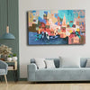 Wall display image for Benaras painting. Colorful abstract painting on a wall above a sofa in a living room.