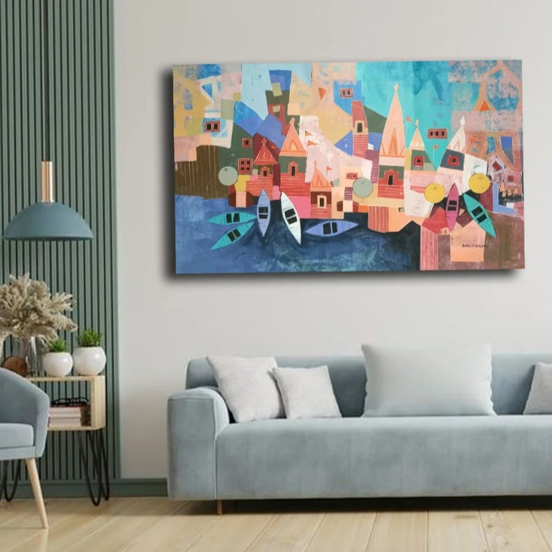 Wall display image for Benaras painting. Colorful abstract painting on a wall above a sofa in a living room.