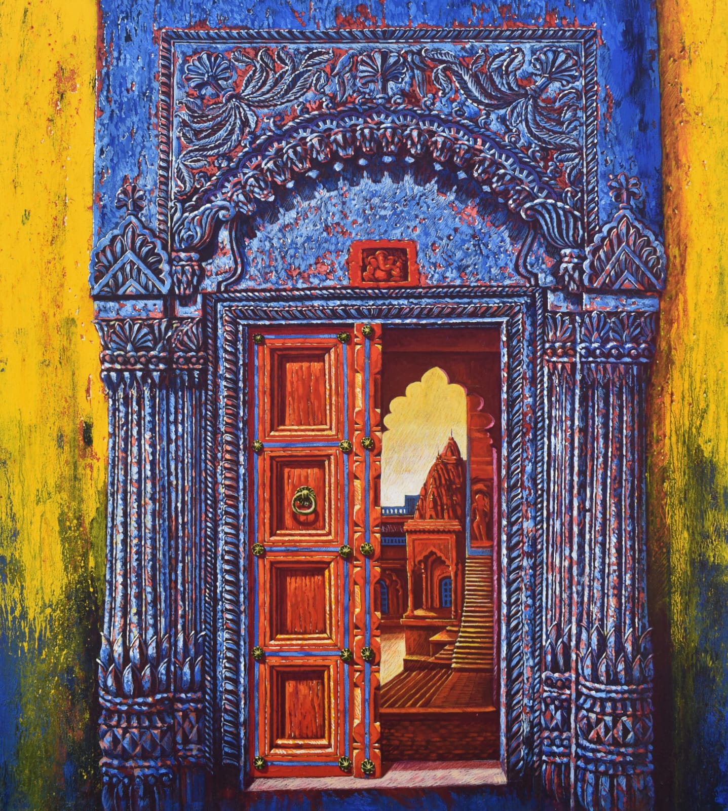 Anil yadav Painting: a richly crafted wooden door painting of Benaras; a temple structure peeks from half open door. 