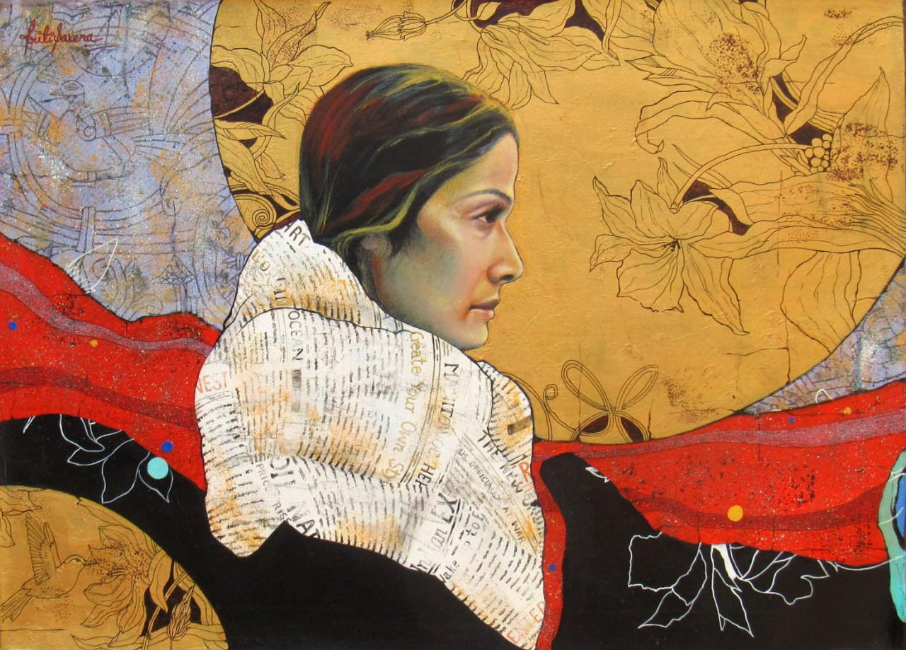 Kriti Saxena figurative conceptual painting of woman in newspaper scarf on abstract canvas.