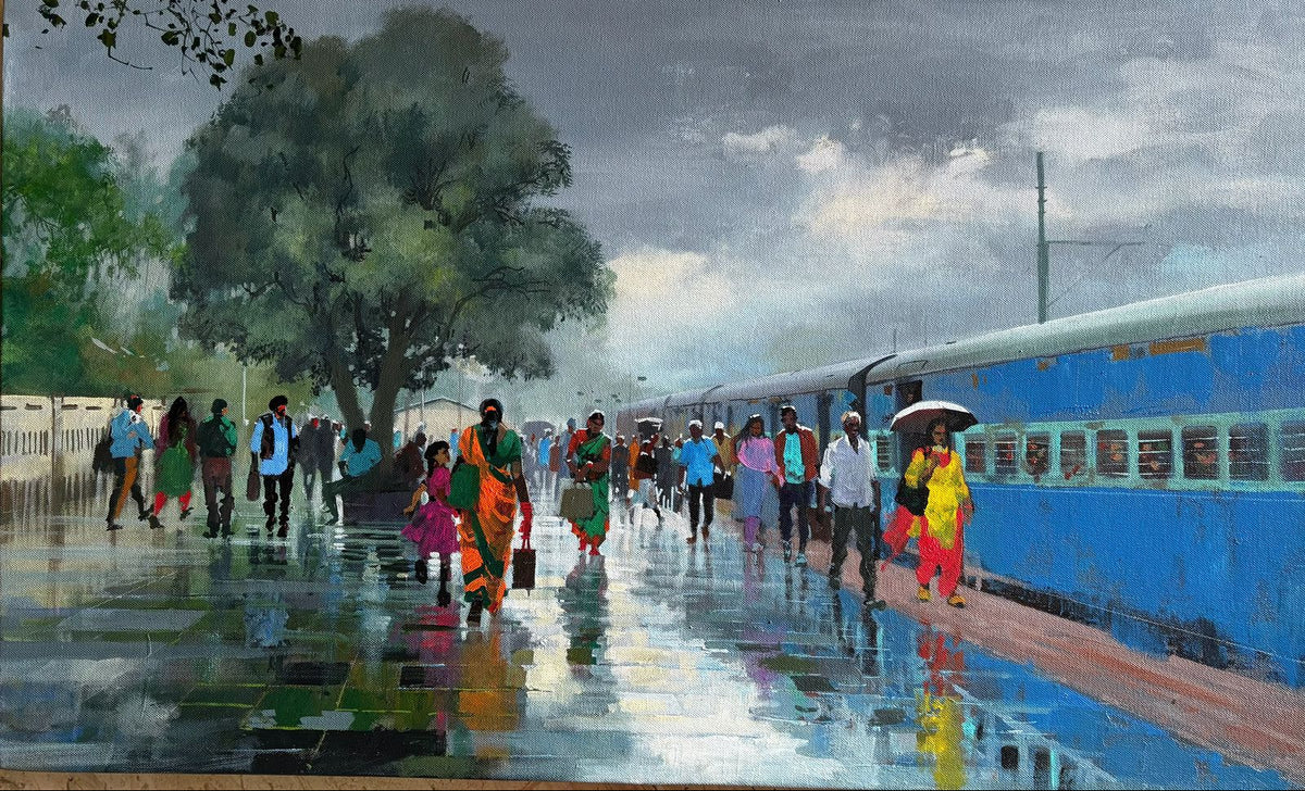Fine Art Painting of an Indian  train station with people walking on a rain washed platforms.