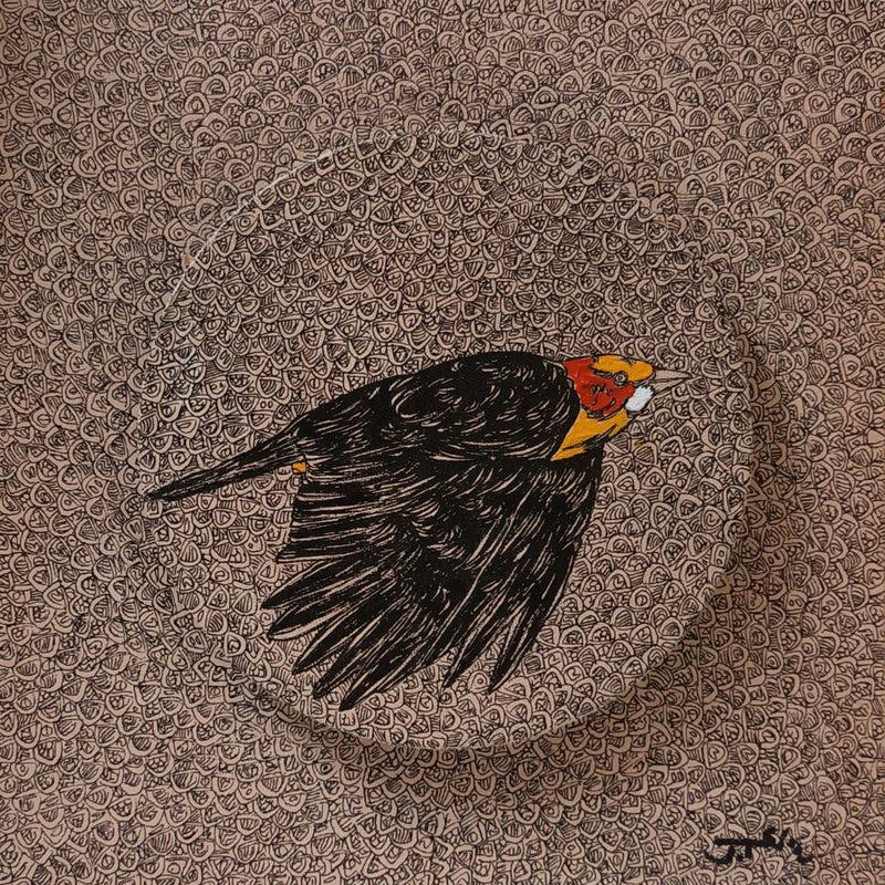 Artistic depiction of a bird with a red and yellow head on a textured brown background