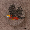 Artistic depiction of a bird with red flames on body ; textured brown background