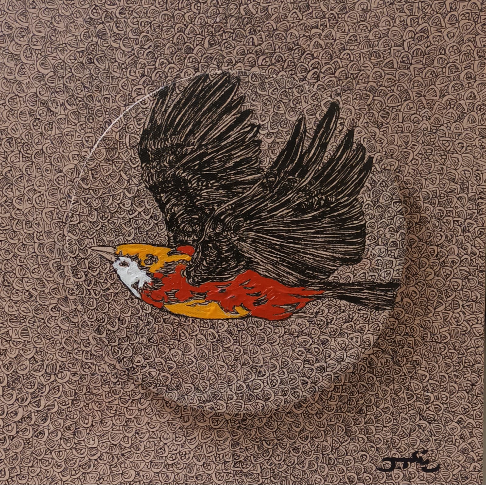 Artistic depiction of a bird with red flames on body ; textured brown background