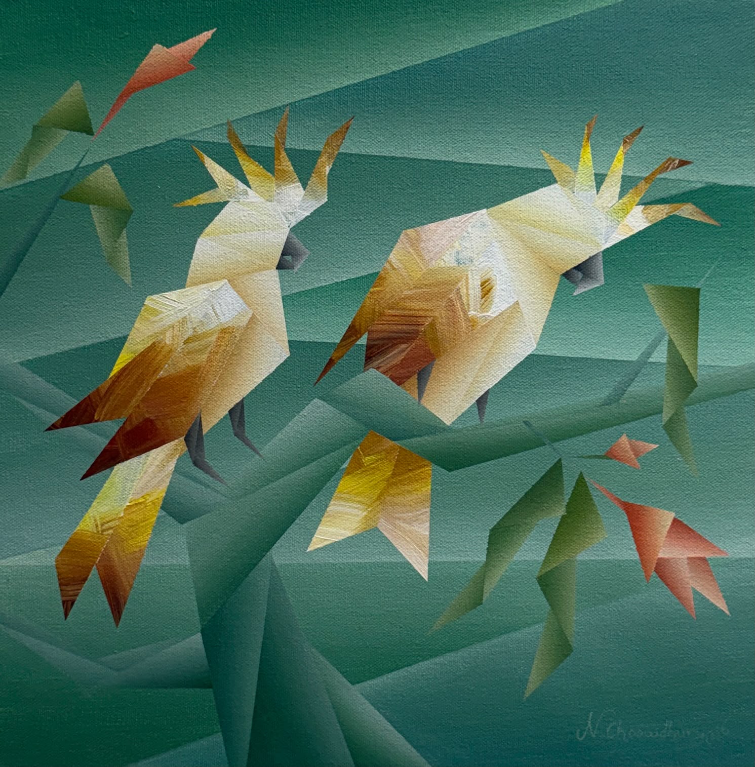 Nirakar Chowdhury small format gold en brown toned bird canvas painting. Abstract style composition. 
