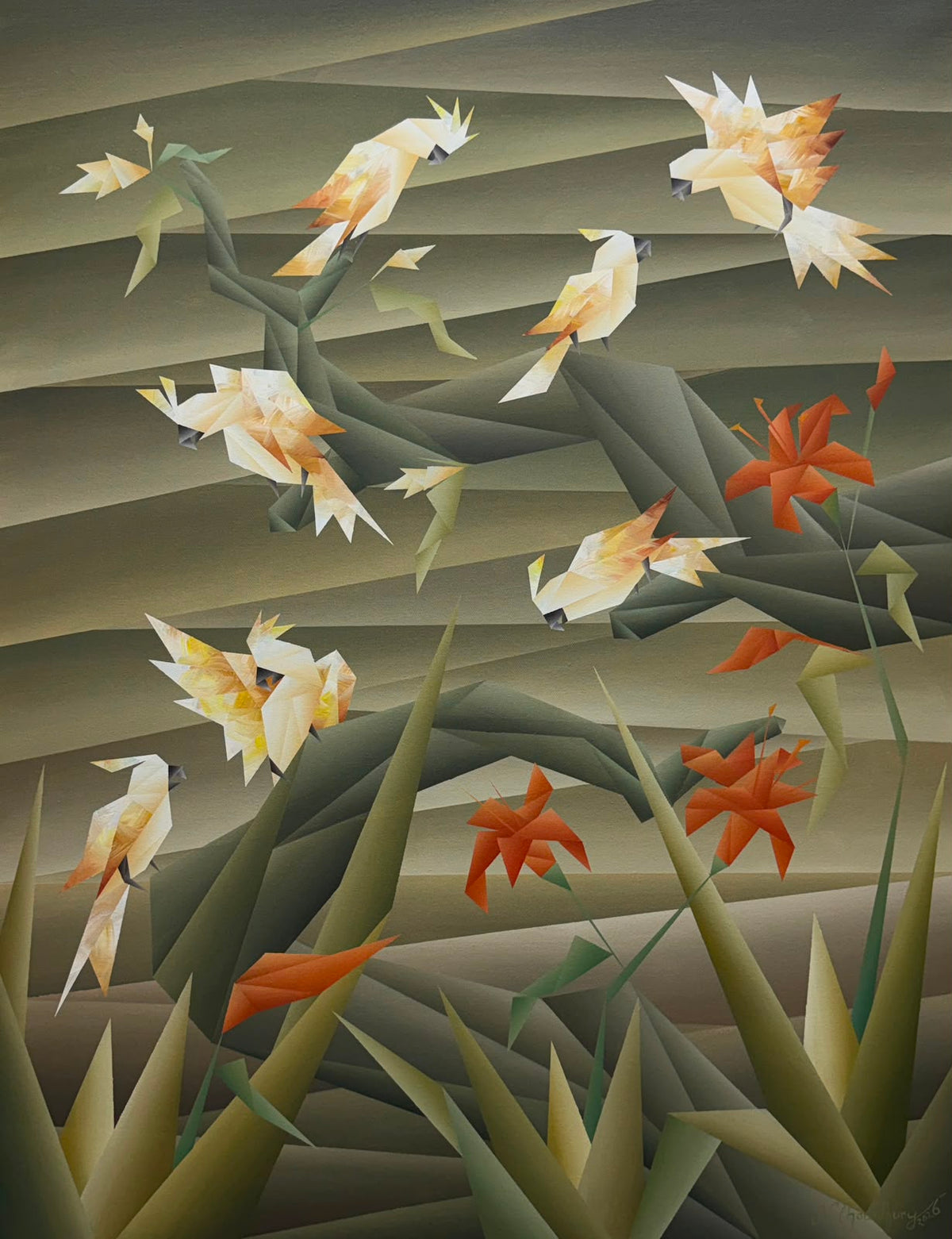 Vertical monochrome birds in nature art by Nirakar Chowdhury; black and white canvas