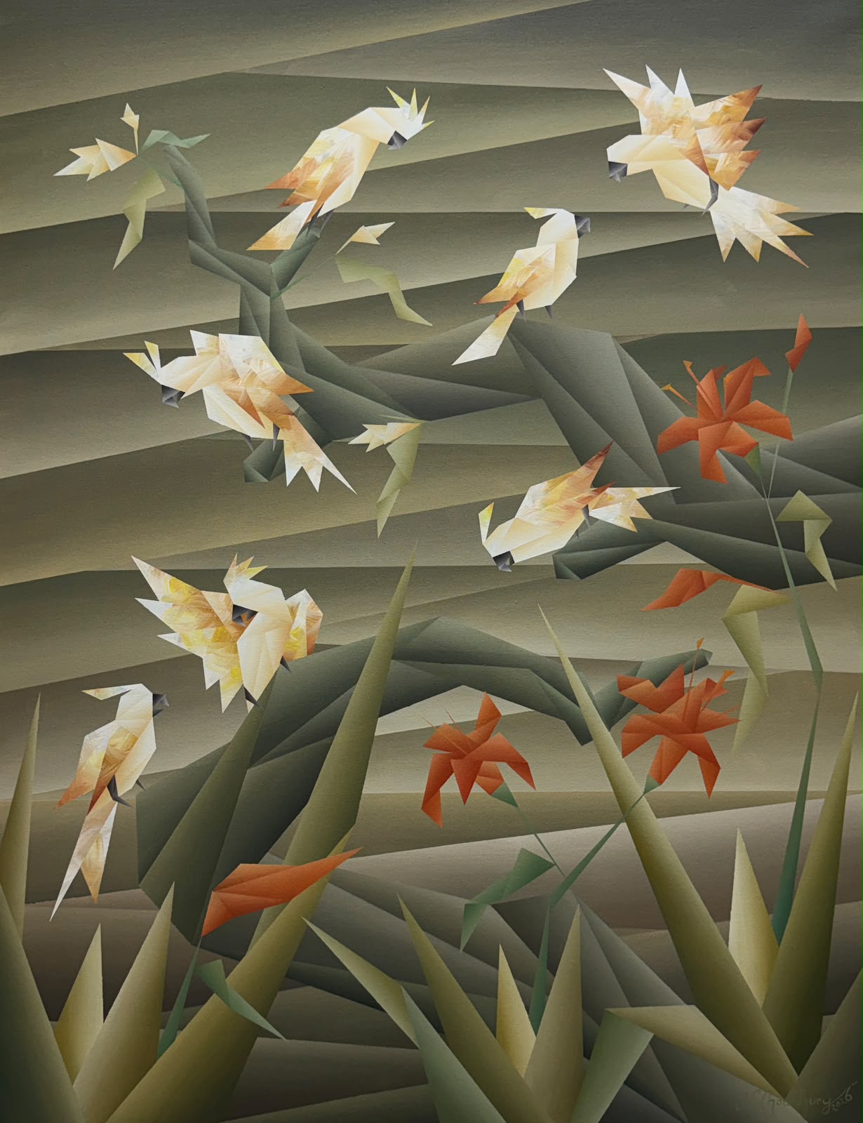 Vertical monochrome birds in nature art by Nirakar Chowdhury; black and white canvas