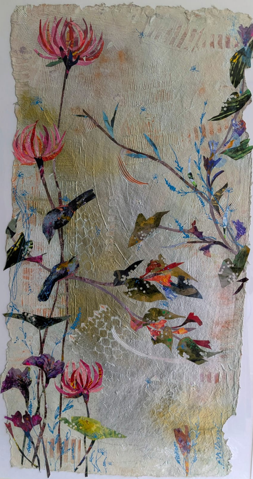 Mixed-media collage artwork featuring flowers, birds, and branches on a textured collage. 