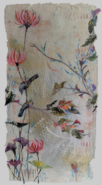 A framed mixed-media artwork featuring  flowers and hummingbirds.  Art by Shibani Sehgal. 