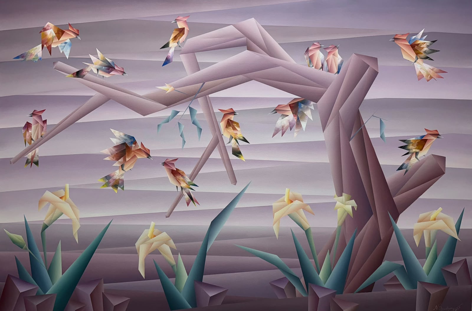 Bird in Nature fine art canvas painting in lavender tone by Nirakar Chowdhury.