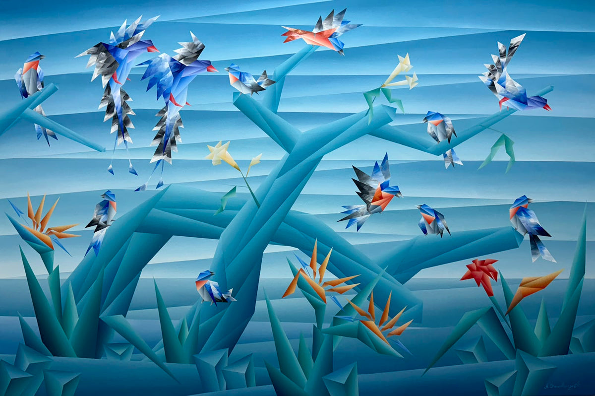 Blue geometric bird art in nature by Nirakar Chowdhury; abstract bird and blossom canvas