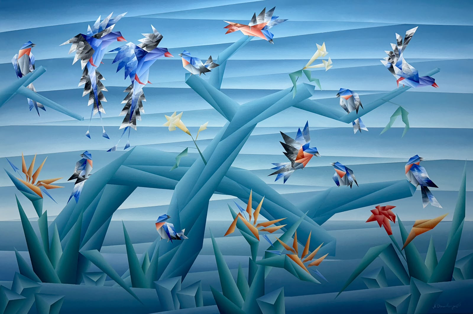 Blue geometric bird art in nature by Nirakar Chowdhury; abstract bird and blossom canvas
