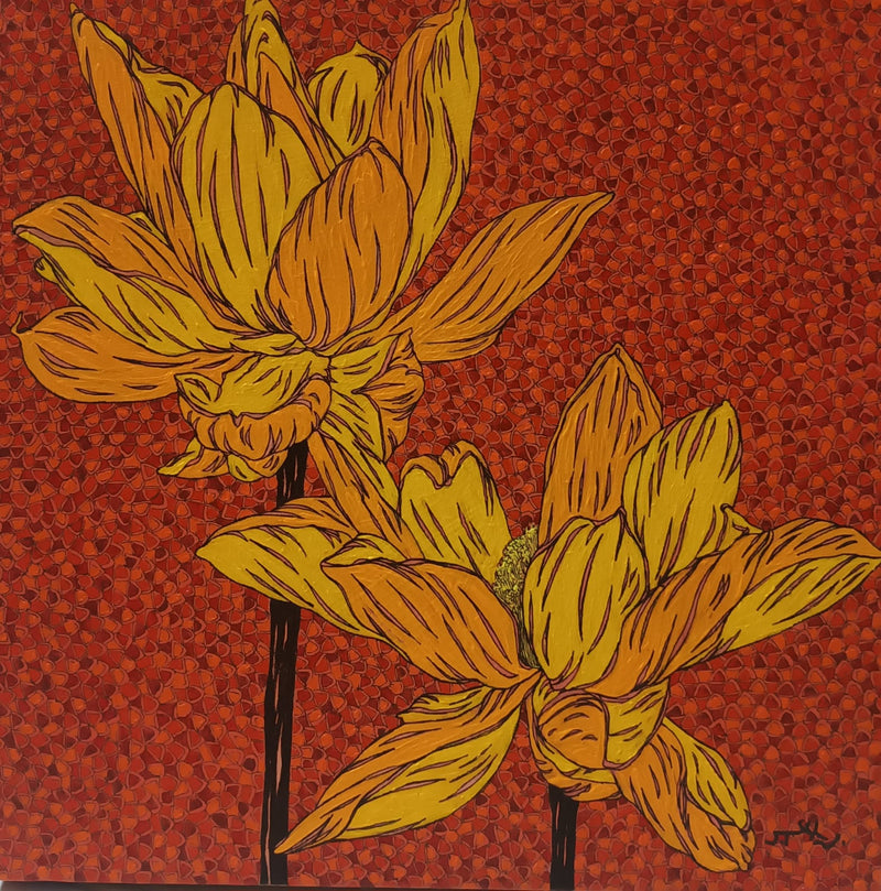 Yellow flowers on a textured red abstract background