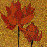 Part of set. Painting two. Red Blooms against mustard yellow and orange backdrop