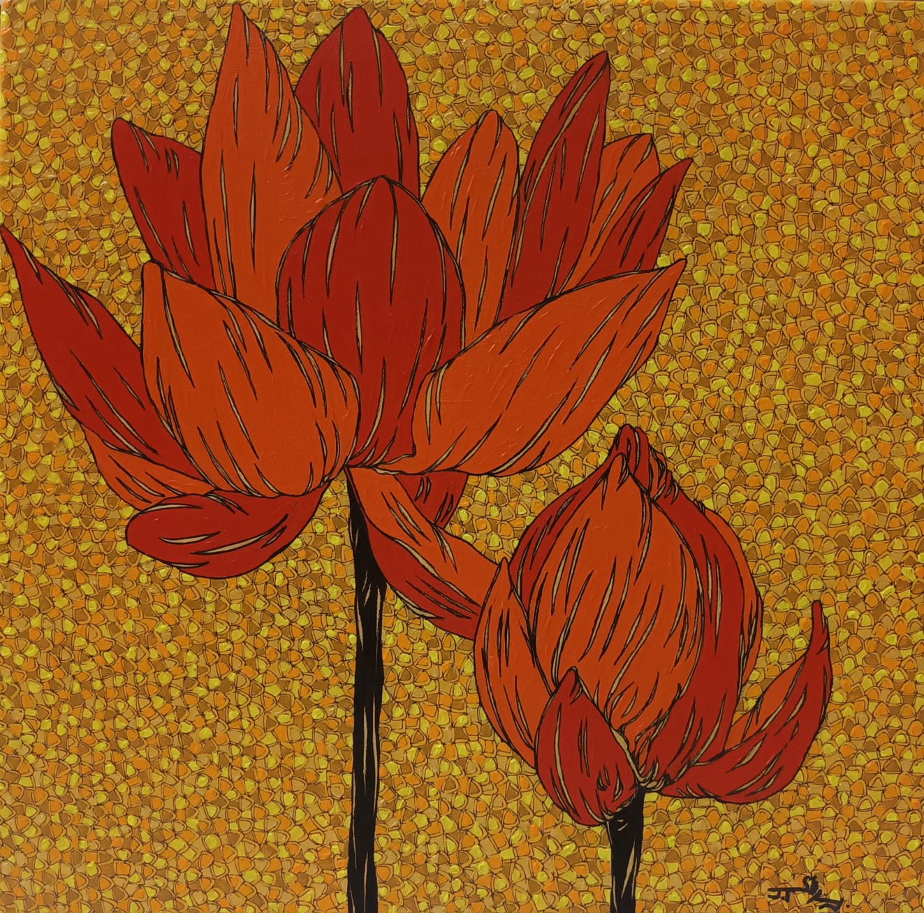 Part of set. Painting two. Red Blooms against mustard yellow and orange backdrop