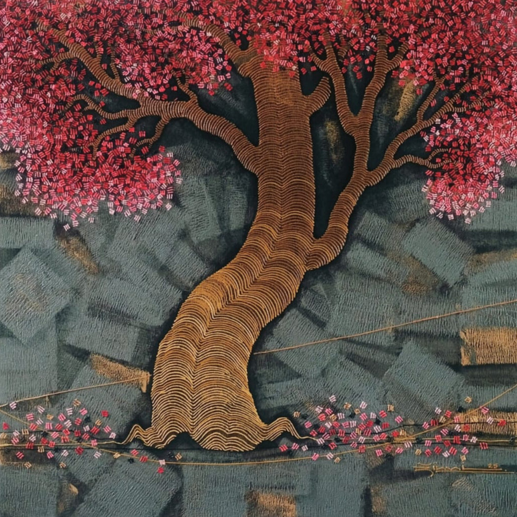Explore Rahul Dangat's captivating original tree painting, with red canopy.