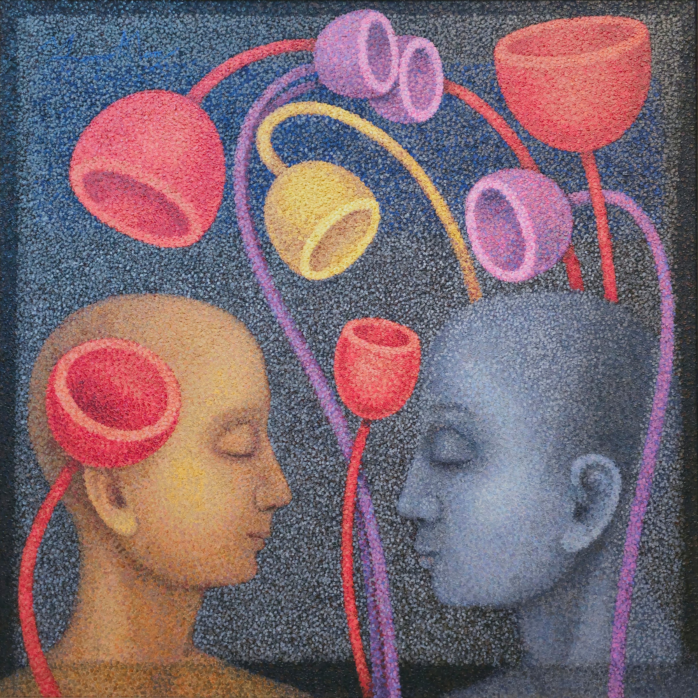 Artistic depiction of two faces of a couple with blossoms in background which represent the interconnected web of thoughts leading to their growth. 