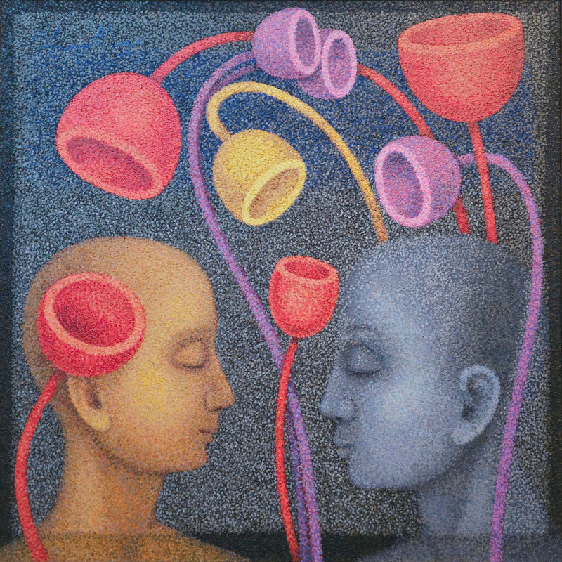 Artistic depiction of two faces of a couple with blossoms in background which represent the interconnected web of thoughts leading to their growth. 