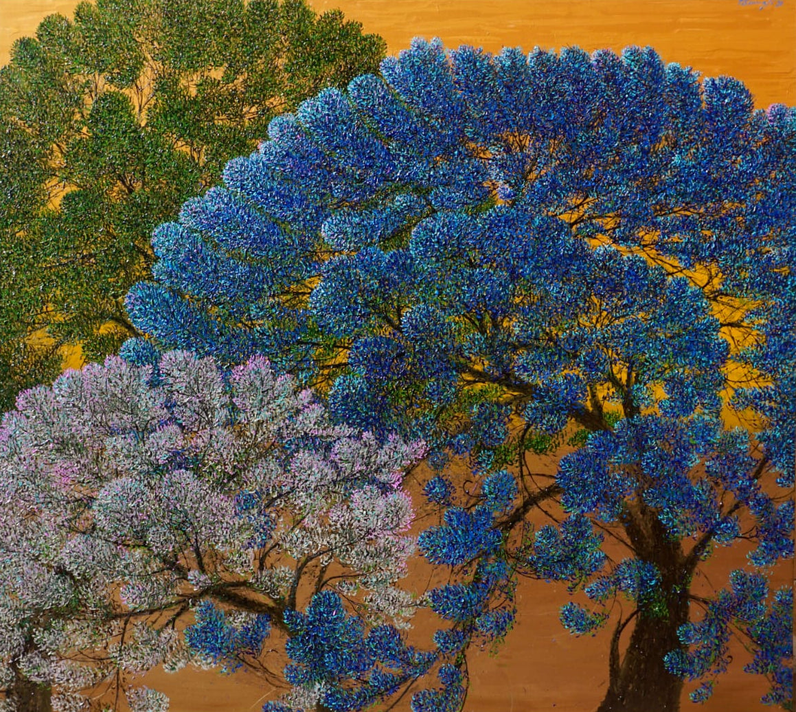 Nature fine art painting. Navy blue, silver, and green canopies on a gold backdrop.