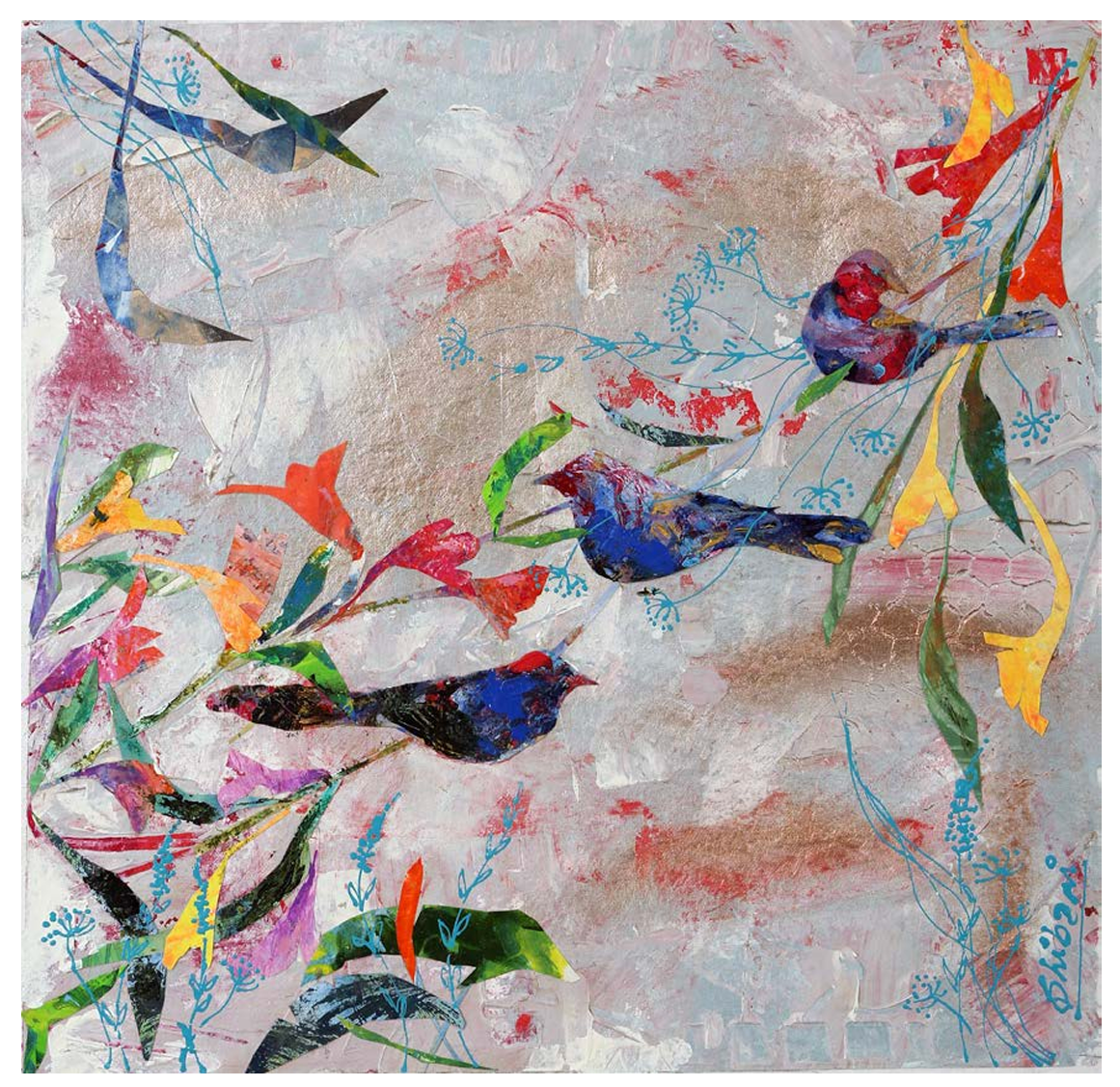 Shibani Sehgal mixed media art on paper features three birds perched amongst flowers in soft tones.
