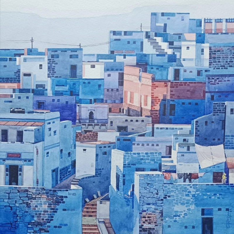 Artistic depiction of a Jodhpur blue cityscape titled 'Blue City: The Poetic Soul' with dimensions 21x21”.