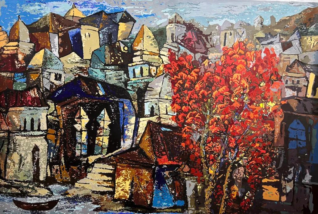 Fawad Tamkanat original cityscape painting Blue City Red Heart with red blooming tree over seaside town at sunset | Artazzle