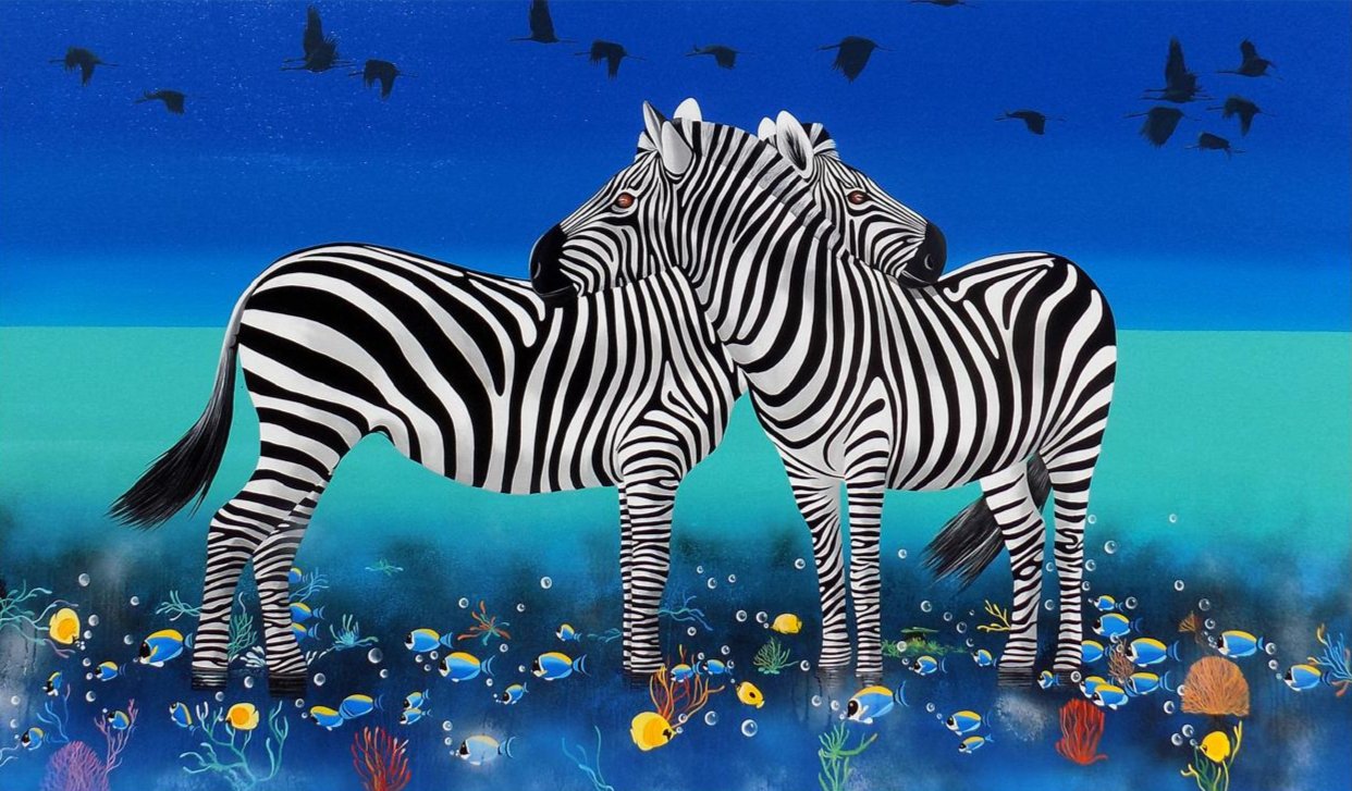 Blue Lagoon by Gopal Samantray is an acrylic painting featuring a hugging zebra pair against pristine blue ocean water and aquatic life backdrop. 