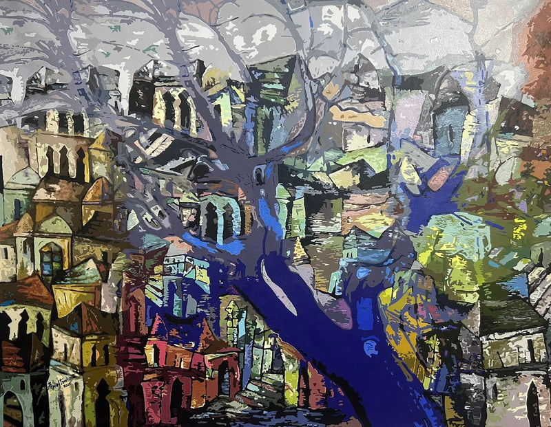 Abstract cityscape artwork with colorful blue trees and architectural elements behind trees. 