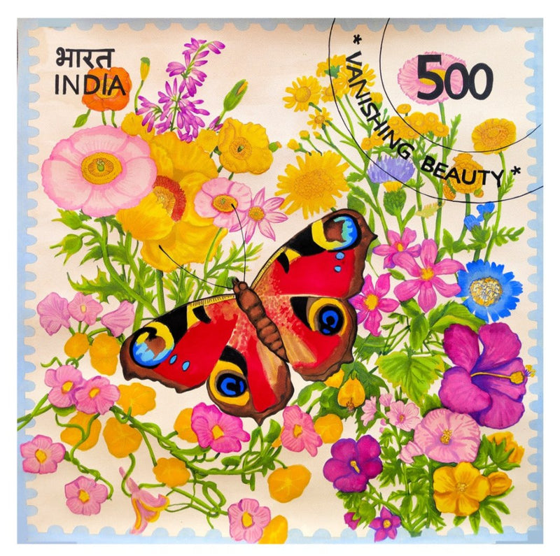 Artist Manisha A paints a bewitching red butterfly , fluttering on a garden in full bloom. 