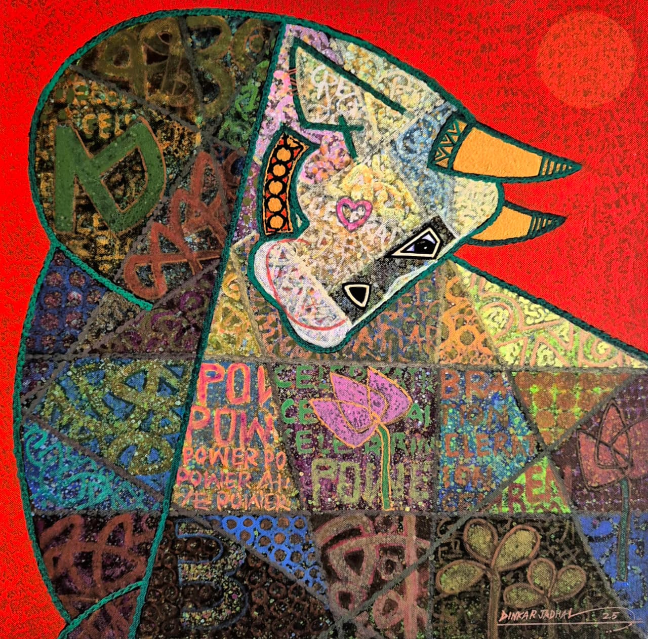 Nandi portrayal by Dinkar Jadhav - the half bull stands with strength and grace. Heavy texturing and abstract elements in bull body. 