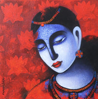 Vibrant red tone painting of an Indian woman's face highlighting grace and elegance.