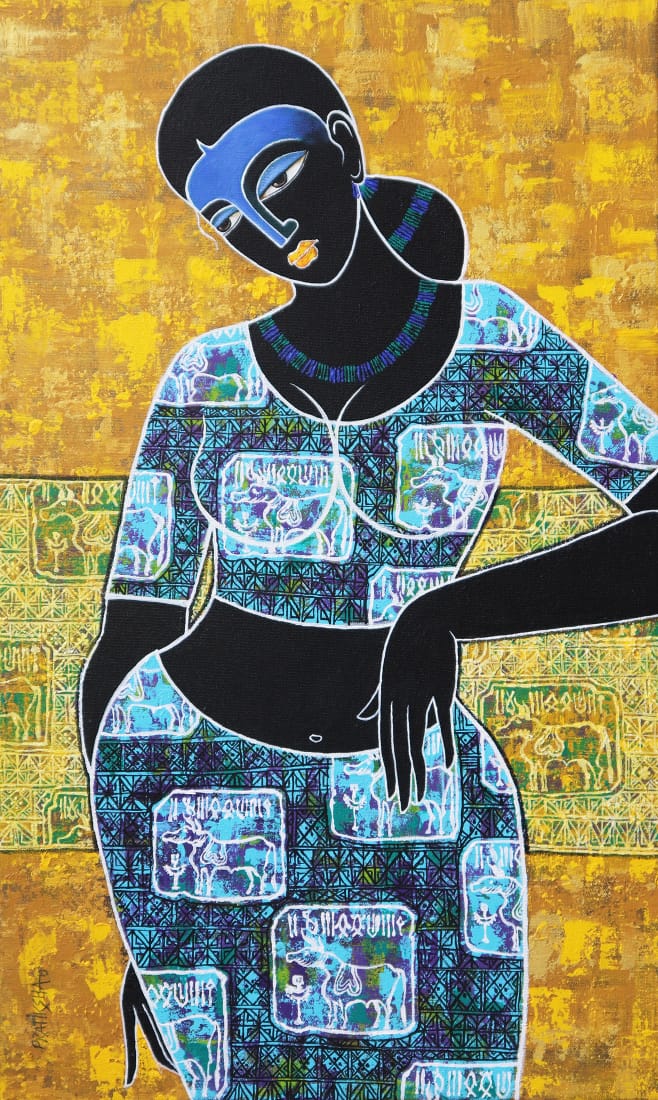 Artistic depiction of an Indian woman;  figure's clothing has geometric patterns on a yellow background